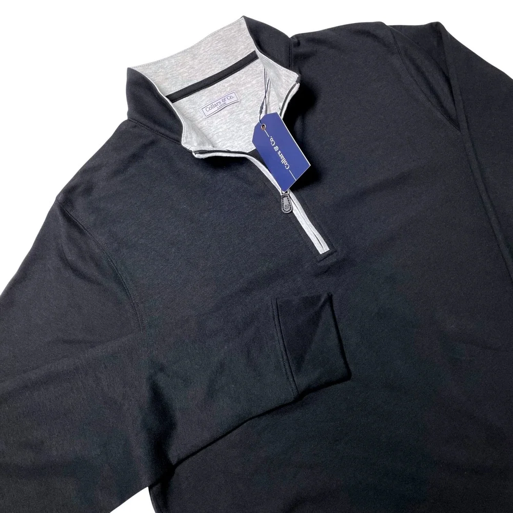 NWT Collars & Co Cloud Cotton Quarter Zip Pullover Sweater Mens Large Black Grey